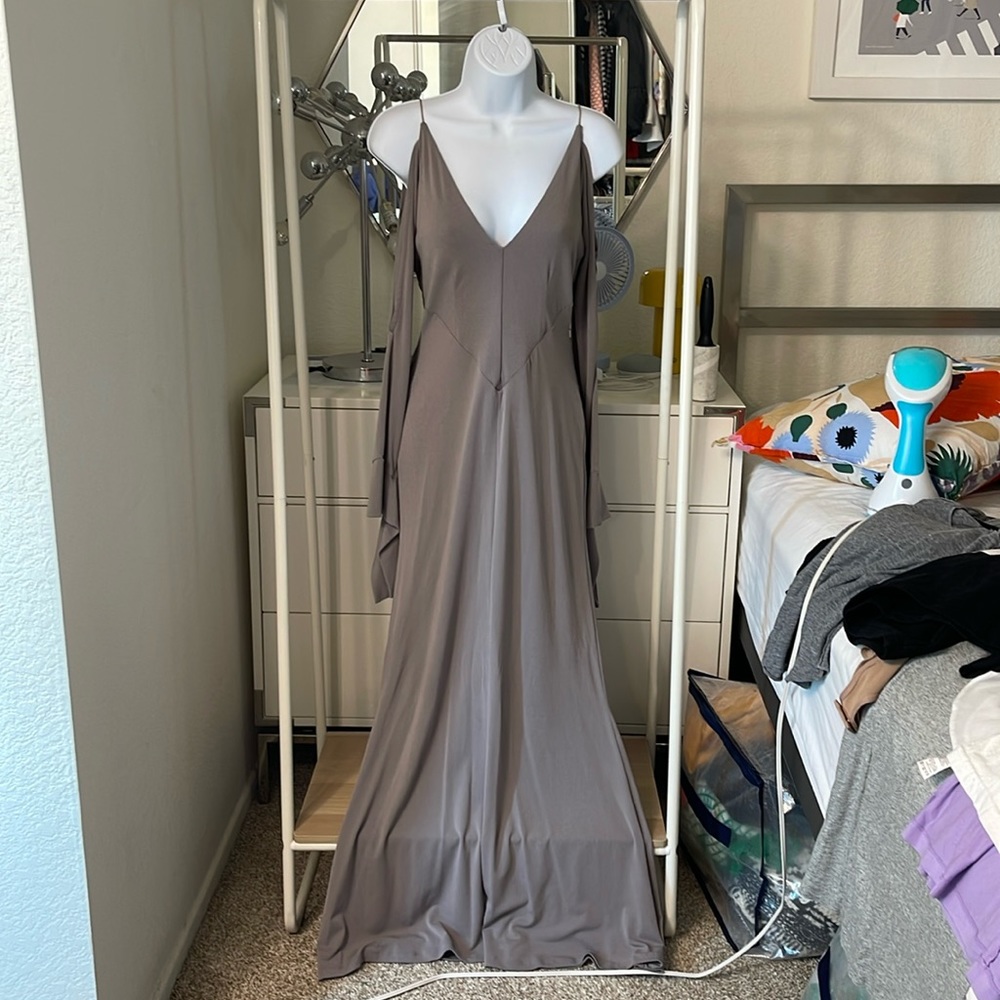 ASOS long tan beige gray brown maxi off the shoulder lone sleeve dress US 0 NWT